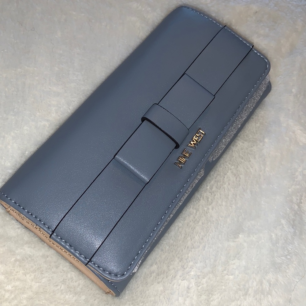 NINE WEST bluestone boxed logo pattern wallet with card case and mini mirror